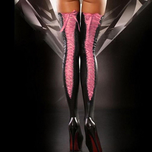 Unbranded Accessories - Sexy Black & Pink Lace up Faux Leather Stockings
